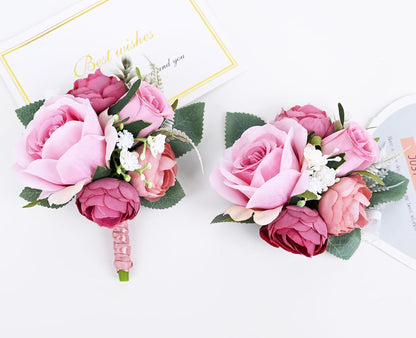 Boutonniere Corsage Set, Pink+Dark Pink, 2 Pieces