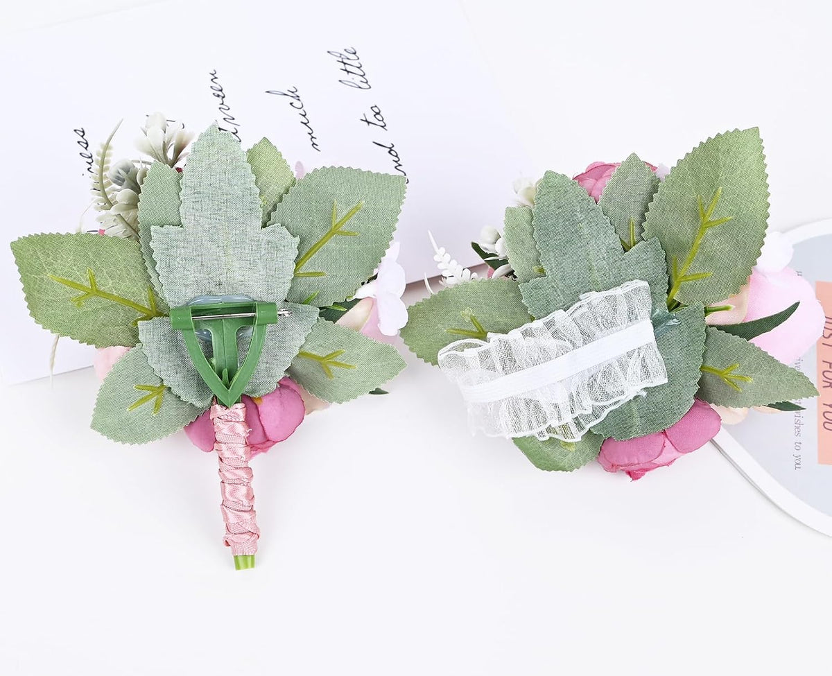 Boutonniere Corsage Set, Pink+Dark Pink, 2 Pieces
