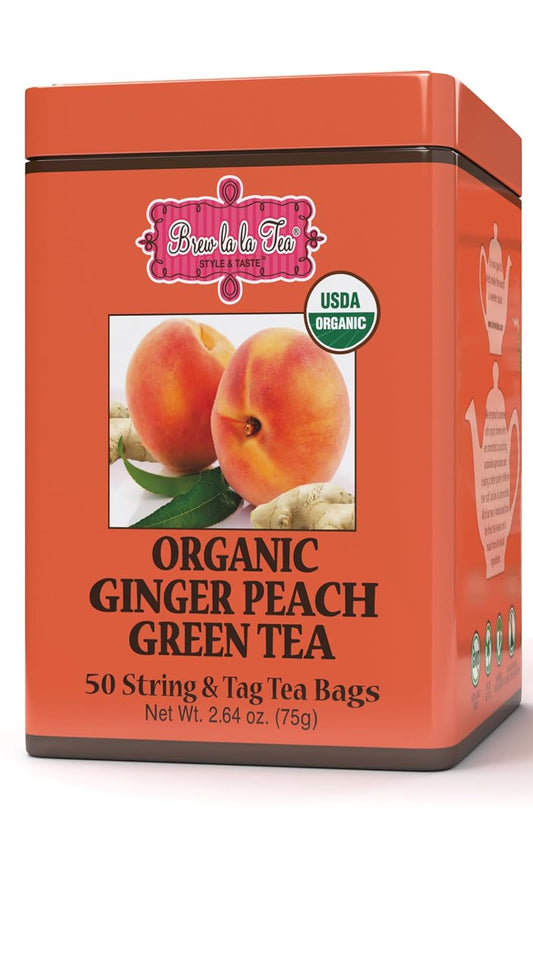 Brew La La Organic Green Tea - Natural Ginger Peach Flavor - 50 Double Chambered Tea Bags - Low Caffeine - USDA Certified Organic - NonGMO - Gluten Free