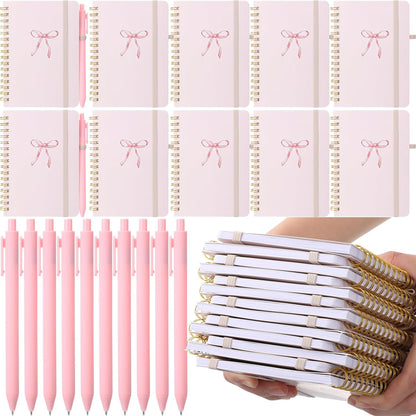24 Set Pink Bow A6 Spiral Notebook with Ballpoint Pens 50 Sheets, 4"x 6" Small Bow College Ruled Coquette Notepads Journaling Notebooks Bulk for Back to School Supplies Offices Team Gifts