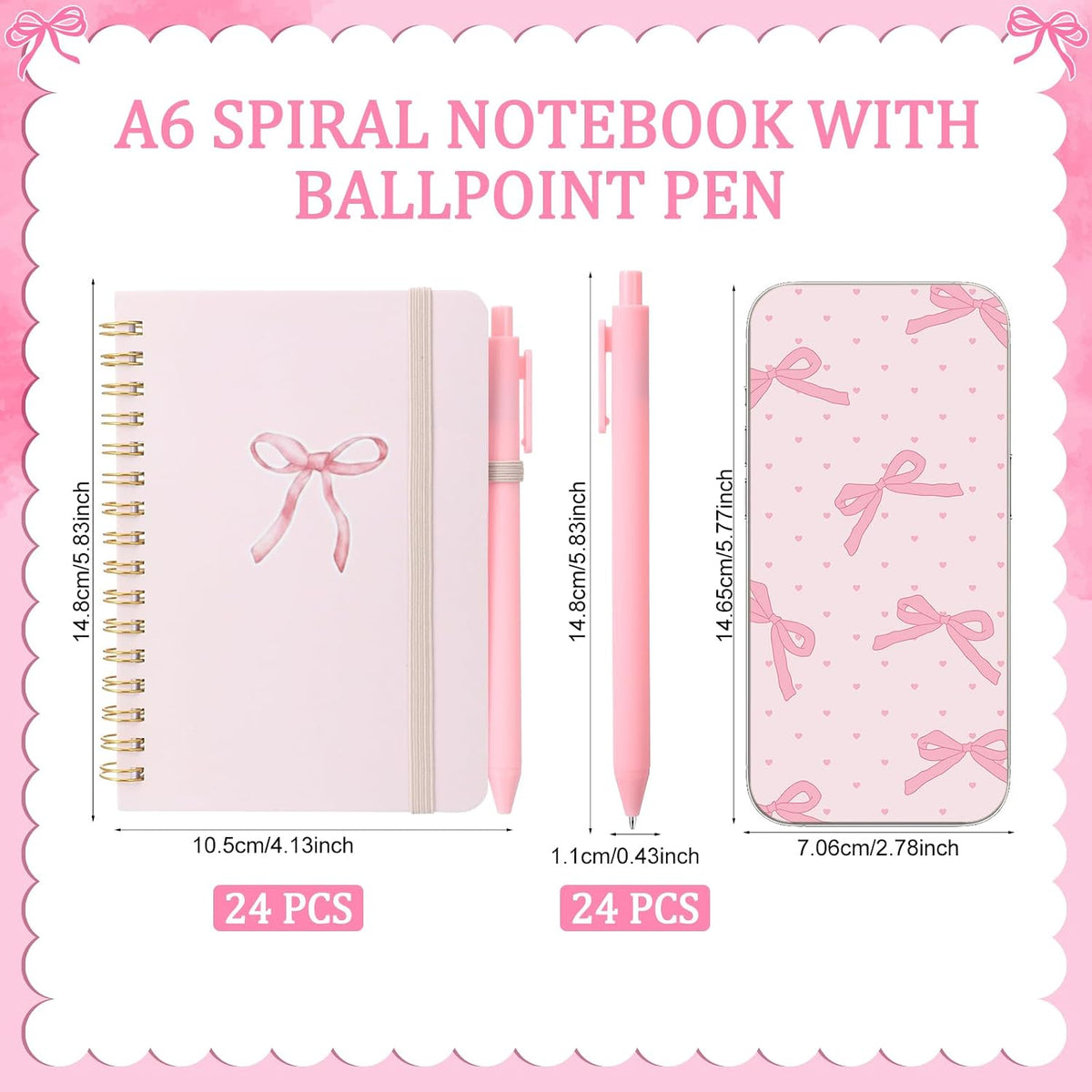 24 Set Pink Bow A6 Spiral Notebook with Ballpoint Pens 50 Sheets, 4"x 6" Small Bow College Ruled Coquette Notepads Journaling Notebooks Bulk for Back to School Supplies Offices Team Gifts