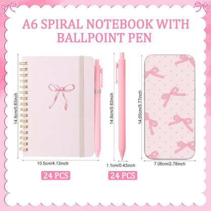 24 Set Pink Bow A6 Spiral Notebook with Ballpoint Pens 50 Sheets, 4"x 6" Small Bow College Ruled Coquette Notepads Journaling Notebooks Bulk for Back to School Supplies Offices Team Gifts