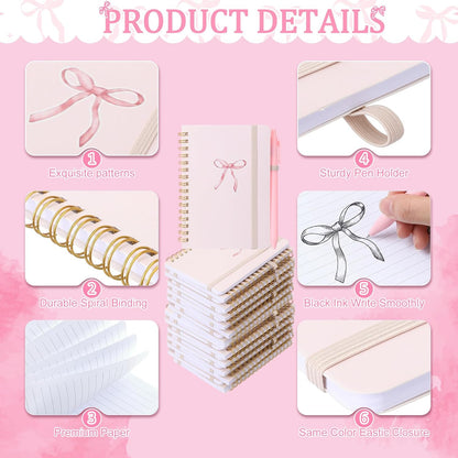 24 Set Pink Bow A6 Spiral Notebook with Ballpoint Pens 50 Sheets, 4"x 6" Small Bow College Ruled Coquette Notepads Journaling Notebooks Bulk for Back to School Supplies Offices Team Gifts