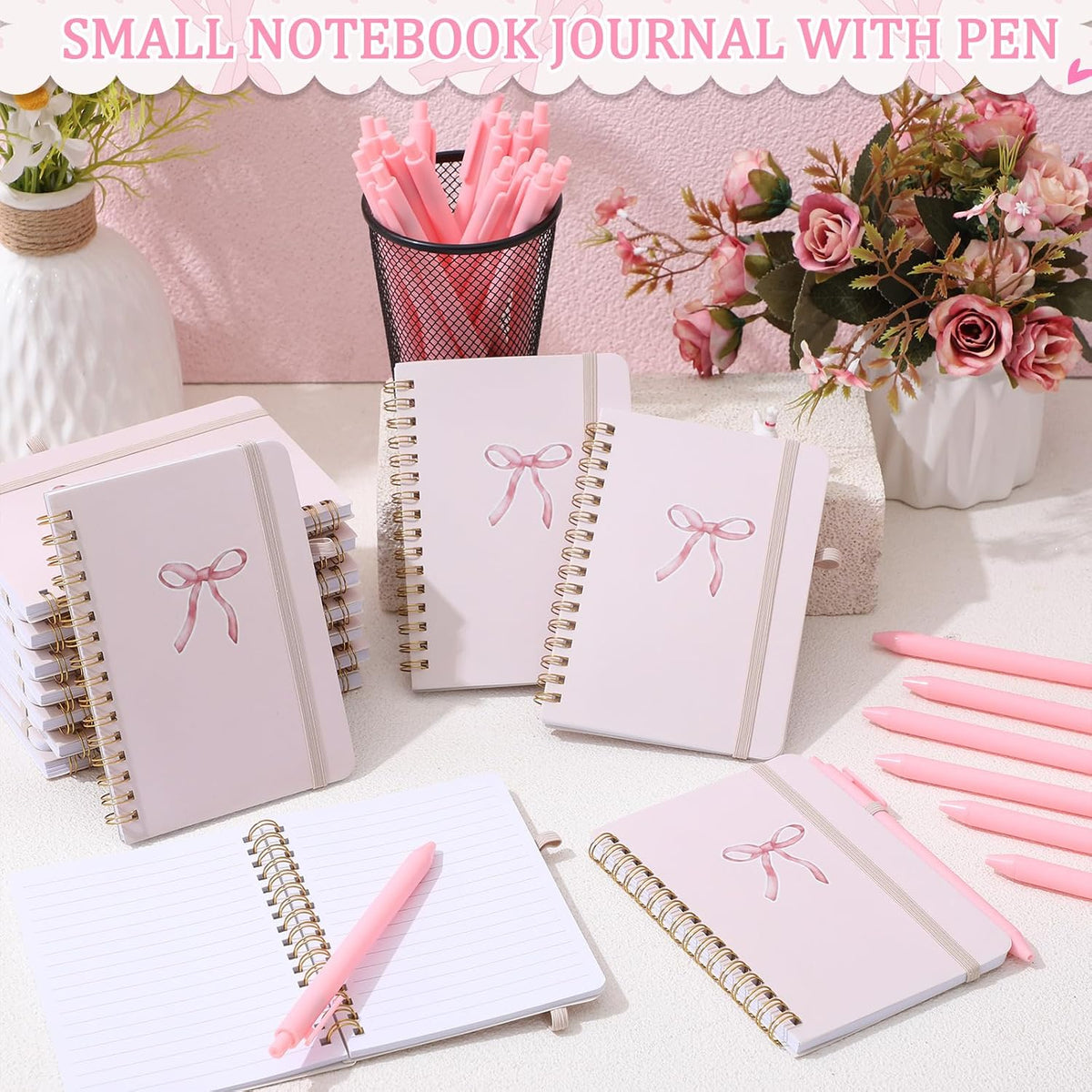 24 Set Pink Bow A6 Spiral Notebook with Ballpoint Pens 50 Sheets, 4"x 6" Small Bow College Ruled Coquette Notepads Journaling Notebooks Bulk for Back to School Supplies Offices Team Gifts
