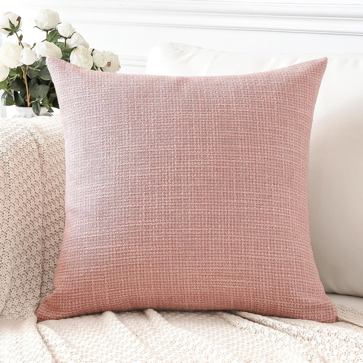 Linen Throw Pillow Cover Set of 1 Decorative Square Pillowcases Cushion Covers 18x18 Inch for Home Decor Sofa Bedroom Car 45 x 45CM Pink