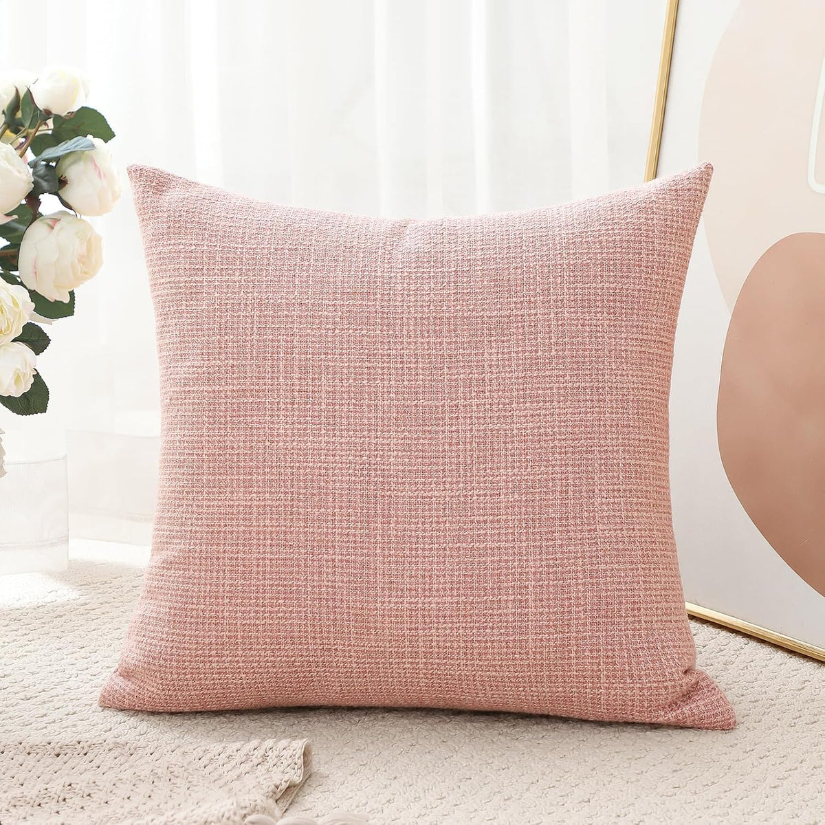 Linen Throw Pillow Cover Set of 1 Decorative Square Pillowcases Cushion Covers 18x18 Inch for Home Decor Sofa Bedroom Car 45 x 45CM Pink