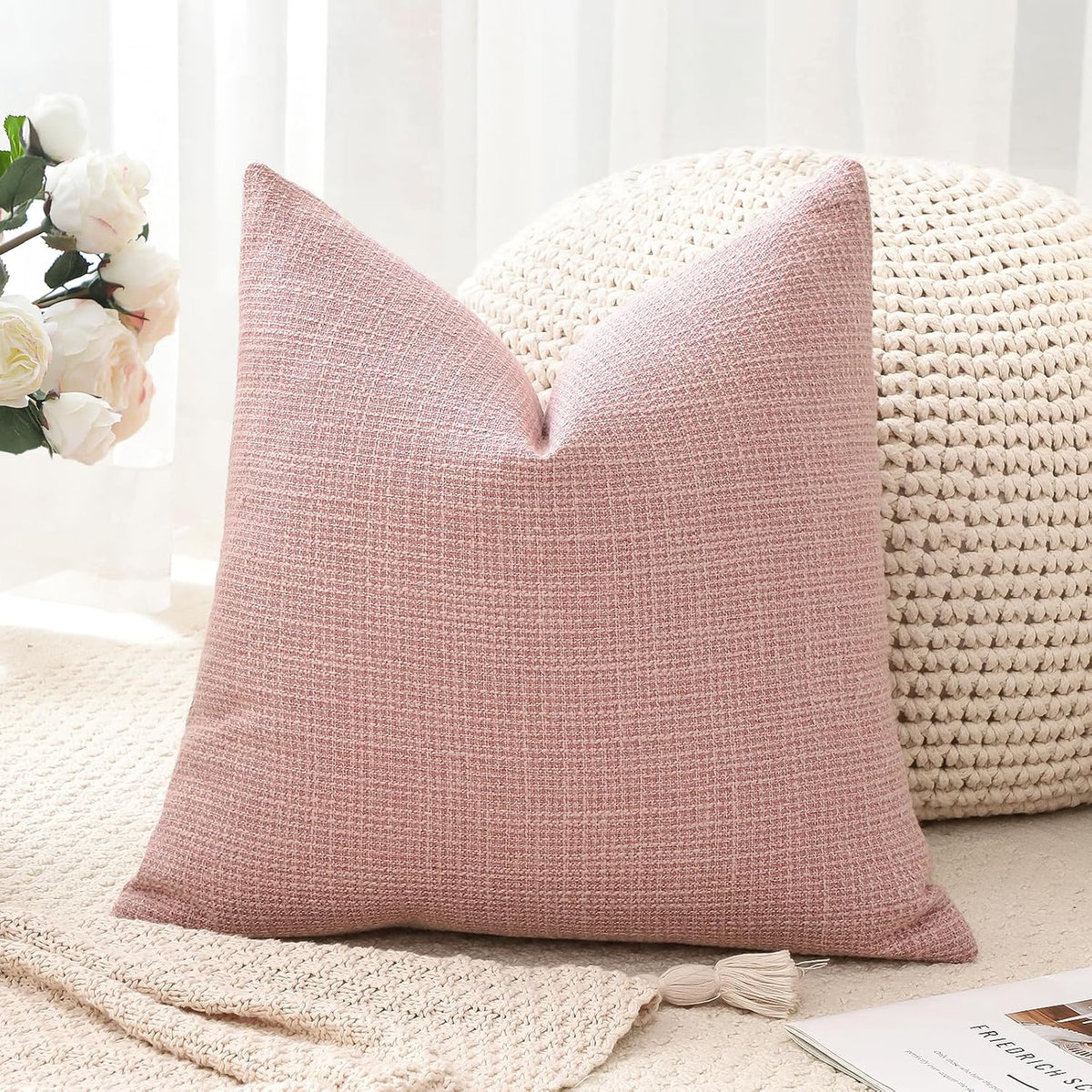 Linen Throw Pillow Cover Set of 1 Decorative Square Pillowcases Cushion Covers 18x18 Inch for Home Decor Sofa Bedroom Car 45 x 45CM Pink