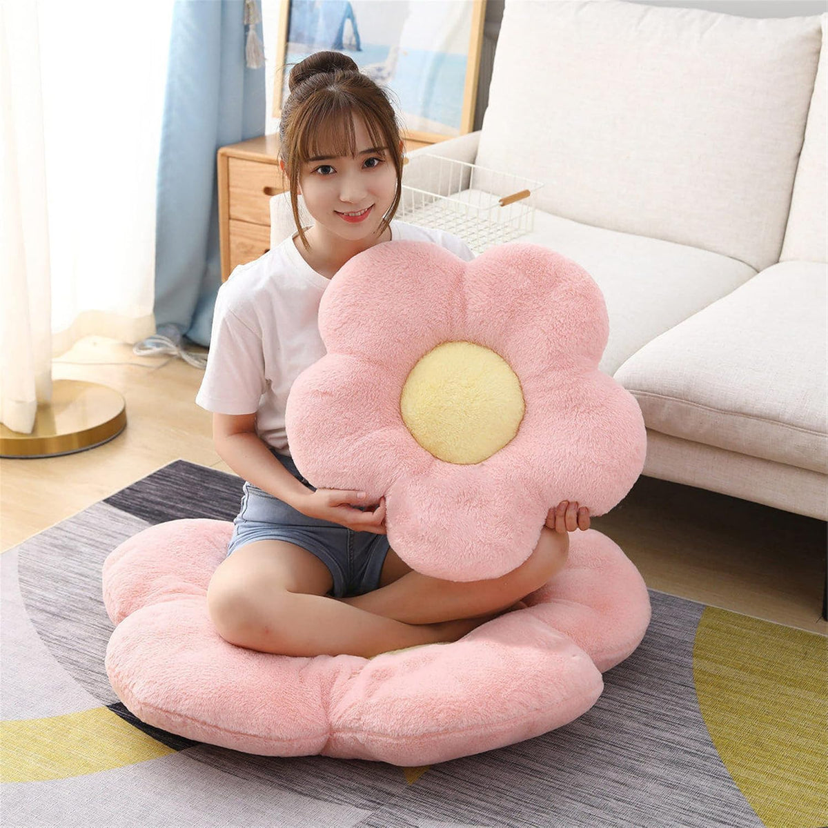 Cute Flower Cushion Plush Floor Pillow Casual Comfortable Pillow Office Living Room Bed Decoration Cushion Simple Room Decoration (Pink, 40cm)
