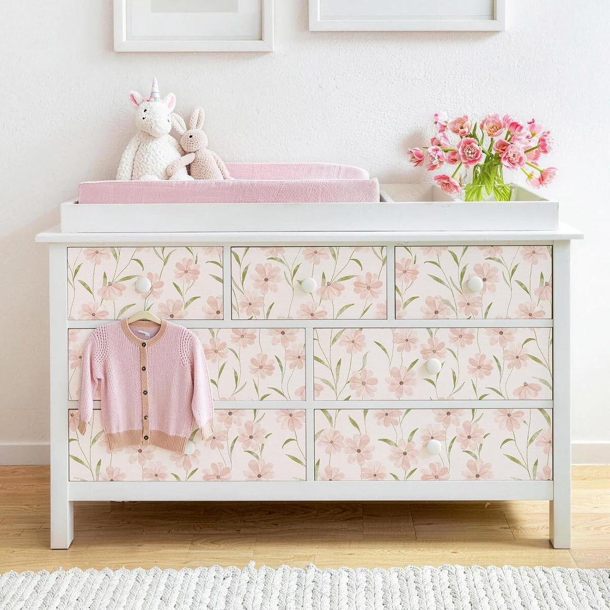 JiffDiff Pink Daisy Peel and Stick , Floral Self-Adhesive Contact Paper for Bedroom, Bathroom and Cabinets Wall Decor(118" X 17.3", Pink Floral)