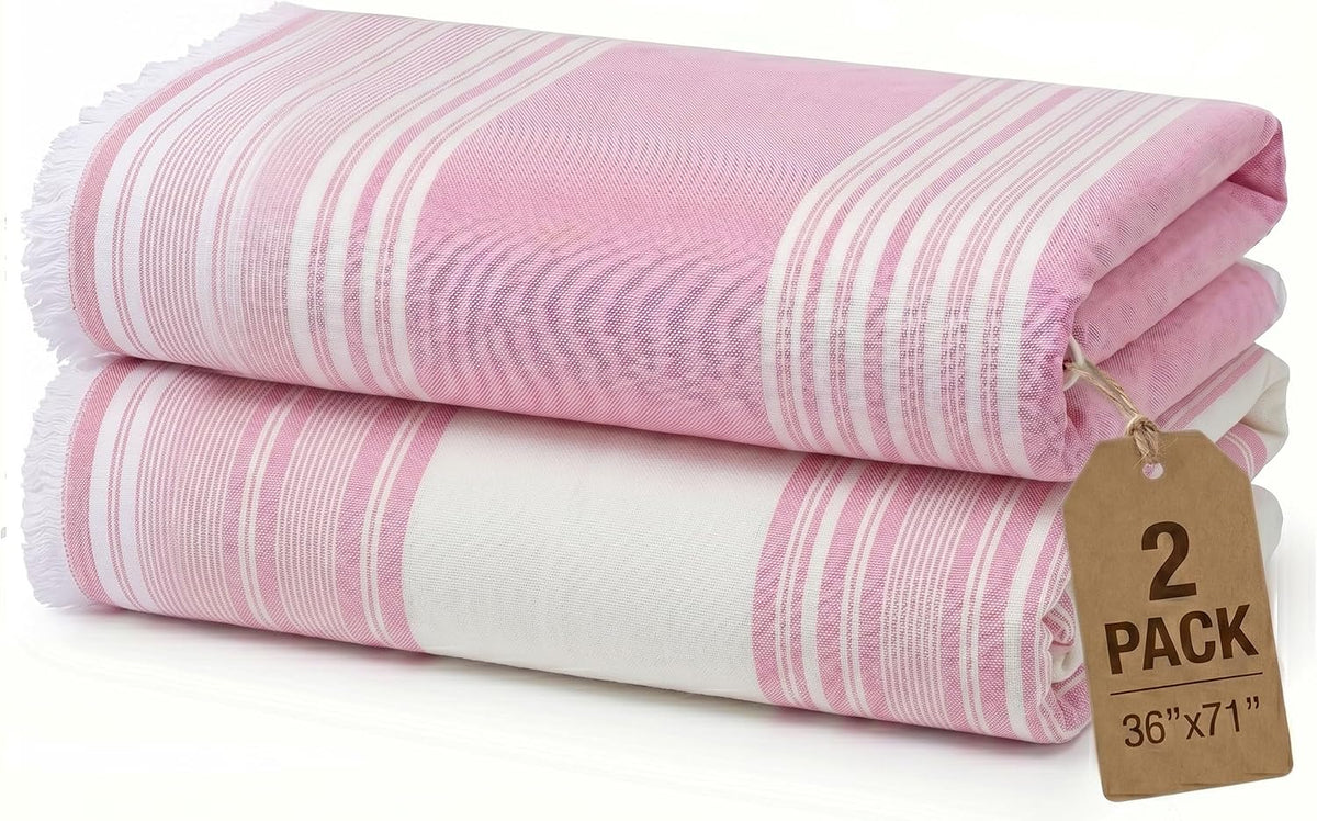 Turkish Bath & Beach Towels - 2 Pack (36"x71"), Quick-Dry Cotton Peshtemal for Bath, Beach, Travel, Absorbent, Lightweight, Bathroom, Hammam, and Spa Towels with Eyelash Fringe, Pink