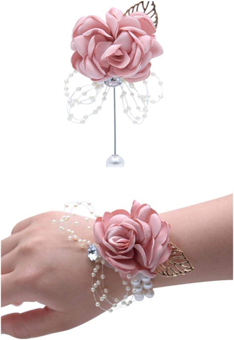 Rose Wedding Wrist Corsage and Boutonniere Set Party Prom Hand Ribbon Flower Suit Decor (Champagne Pink)