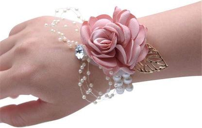 Rose Wedding Wrist Corsage and Boutonniere Set Party Prom Hand Ribbon Flower Suit Decor (Champagne Pink)