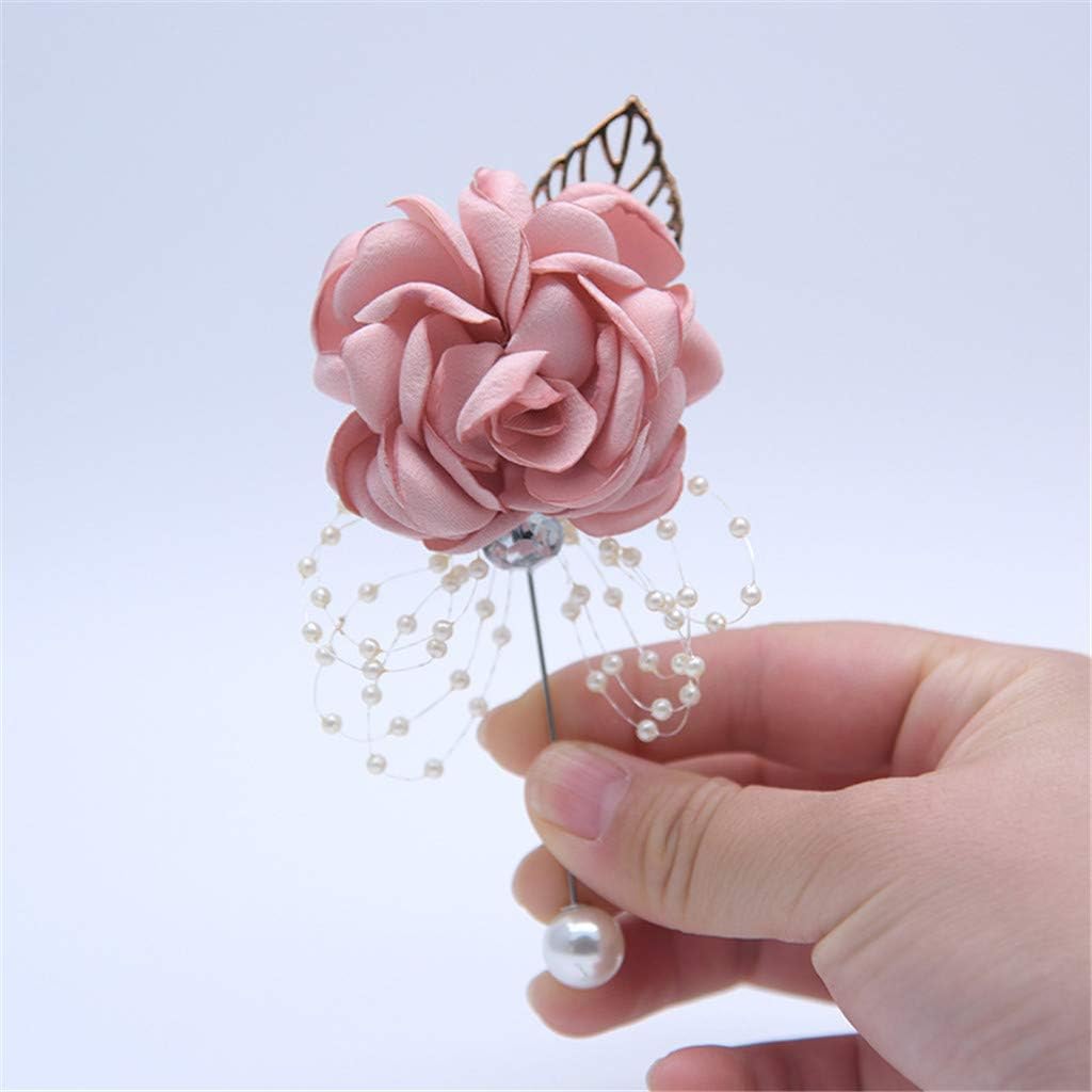 Rose Wedding Wrist Corsage and Boutonniere Set Party Prom Hand Ribbon Flower Suit Decor (Champagne Pink)
