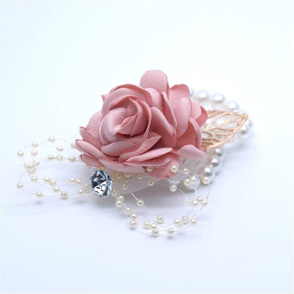 Rose Wedding Wrist Corsage and Boutonniere Set Party Prom Hand Ribbon Flower Suit Decor (Champagne Pink)