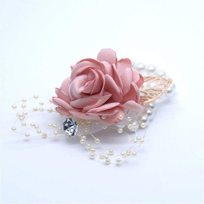 Rose Wedding Wrist Corsage and Boutonniere Set Party Prom Hand Ribbon Flower Suit Decor (Champagne Pink)