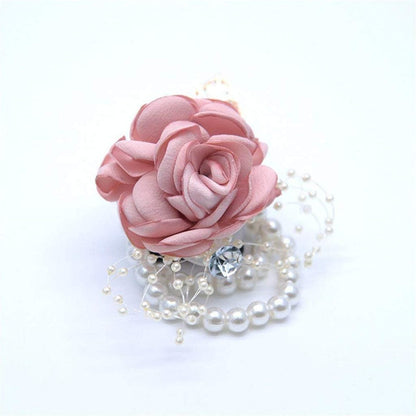Rose Wedding Wrist Corsage and Boutonniere Set Party Prom Hand Ribbon Flower Suit Decor (Champagne Pink)