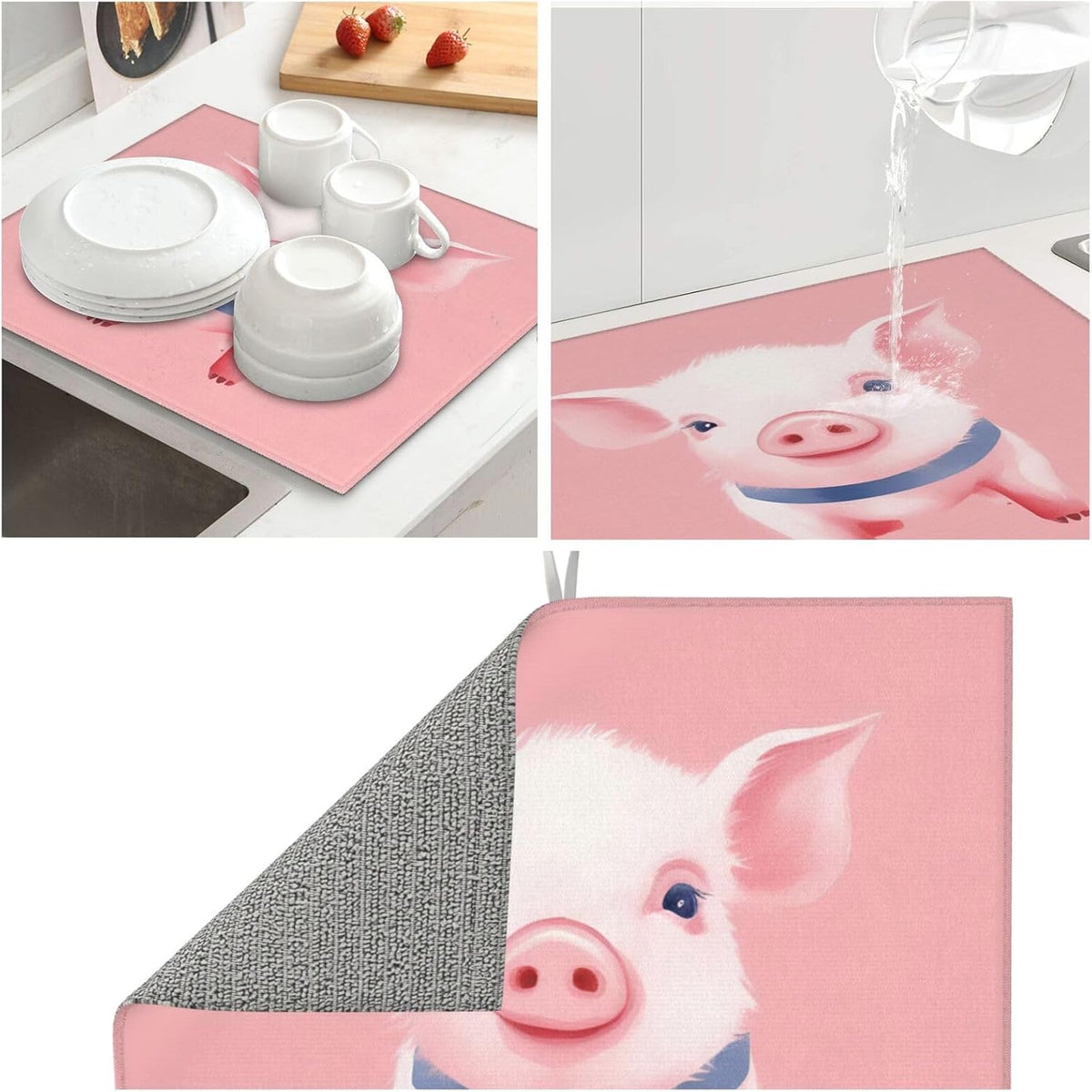 Pink Pig Watercolor Dish Drying Mat For Kitchen Counter Dry Mats Microfiber Dish Drainer Mat Protector Pad Absorbent Fast Drying Kitchen Must-Have 16x18 Inch
