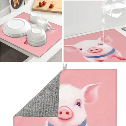 Pink Pig Watercolor Dish Drying Mat For Kitchen Counter Dry Mats Microfiber Dish Drainer Mat Protector Pad Absorbent Fast Drying Kitchen Must-Have 16x18 Inch