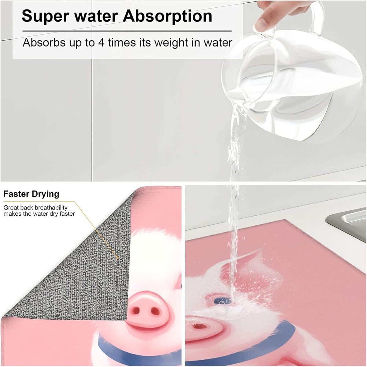 Pink Pig Watercolor Dish Drying Mat For Kitchen Counter Dry Mats Microfiber Dish Drainer Mat Protector Pad Absorbent Fast Drying Kitchen Must-Have 16x18 Inch