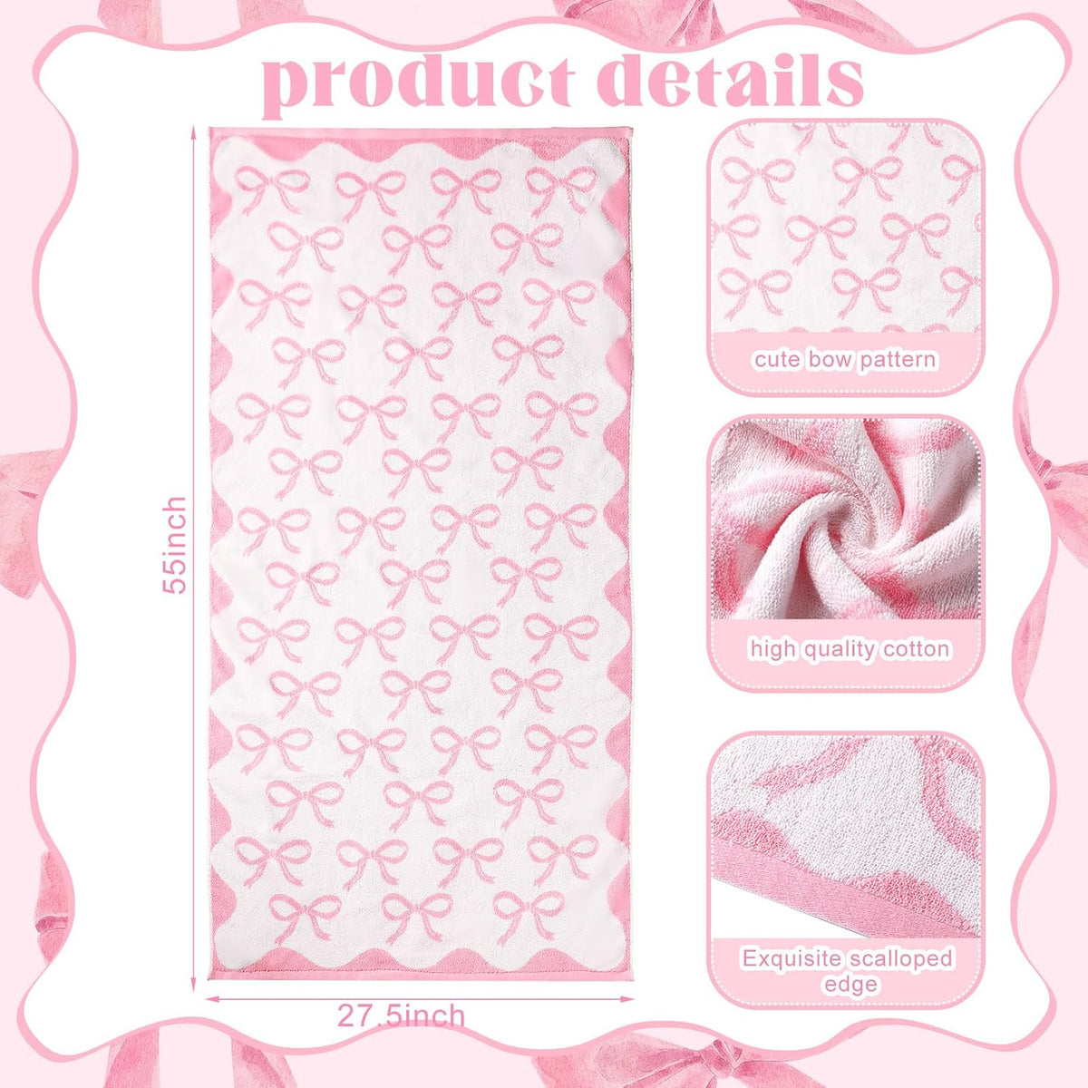 2 Pcs 28 x 55 Inch Pink Bow Towel 100% Cotton Coquette Towel