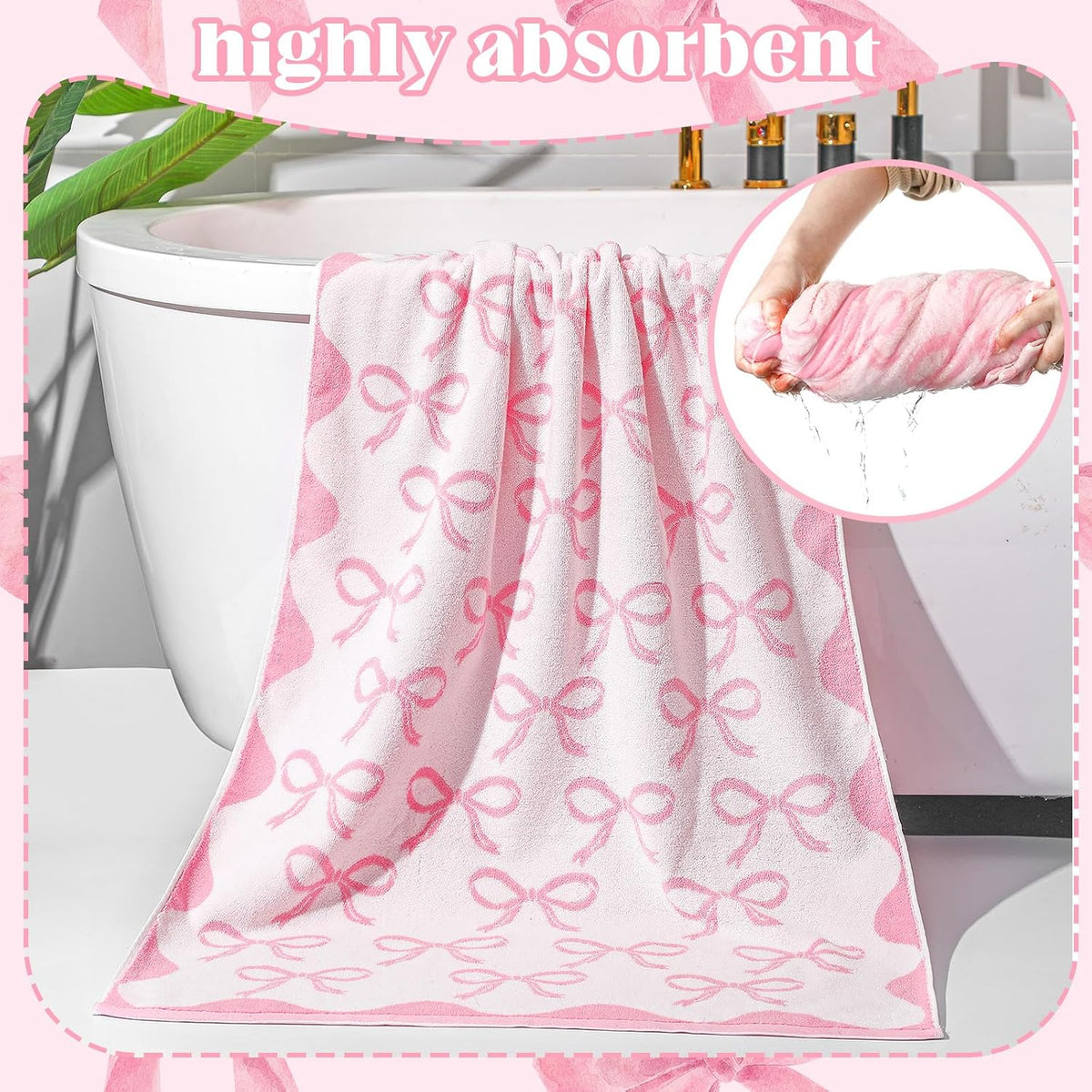 2 Pcs 28 x 55 Inch Pink Bow Towel 100% Cotton Coquette Towel