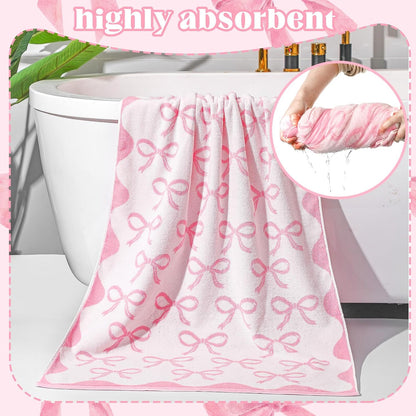 2 Pcs 28 x 55 Inch Pink Bow Towel 100% Cotton Coquette Towel