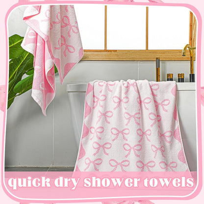 2 Pcs 28 x 55 Inch Pink Bow Towel 100% Cotton Coquette Towel