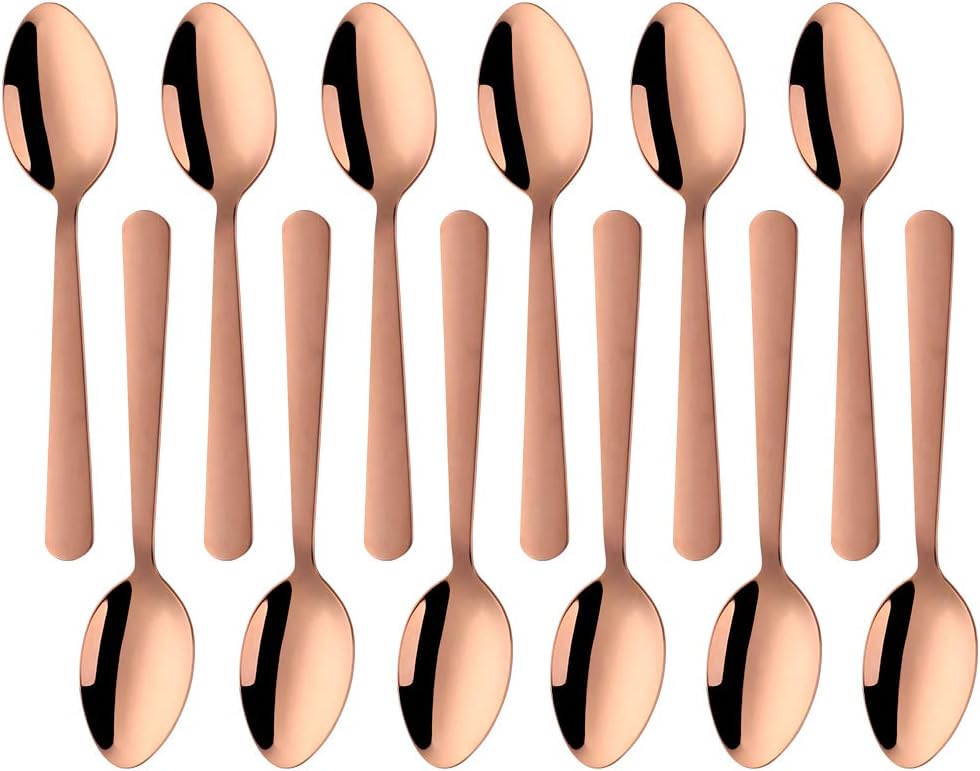Colorful Teaspoons Silverware Set of 12 - Rose Gold 6-in Small Spoons Set, Food Grade Stainless Steel Tea Spoons Shiny Titanium Plating Dessert Spoon Coffee Spoon Dishwasher Safe