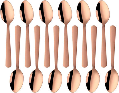 Colorful Teaspoons Silverware Set of 12 - Rose Gold 6-in Small Spoons Set, Food Grade Stainless Steel Tea Spoons Shiny Titanium Plating Dessert Spoon Coffee Spoon Dishwasher Safe