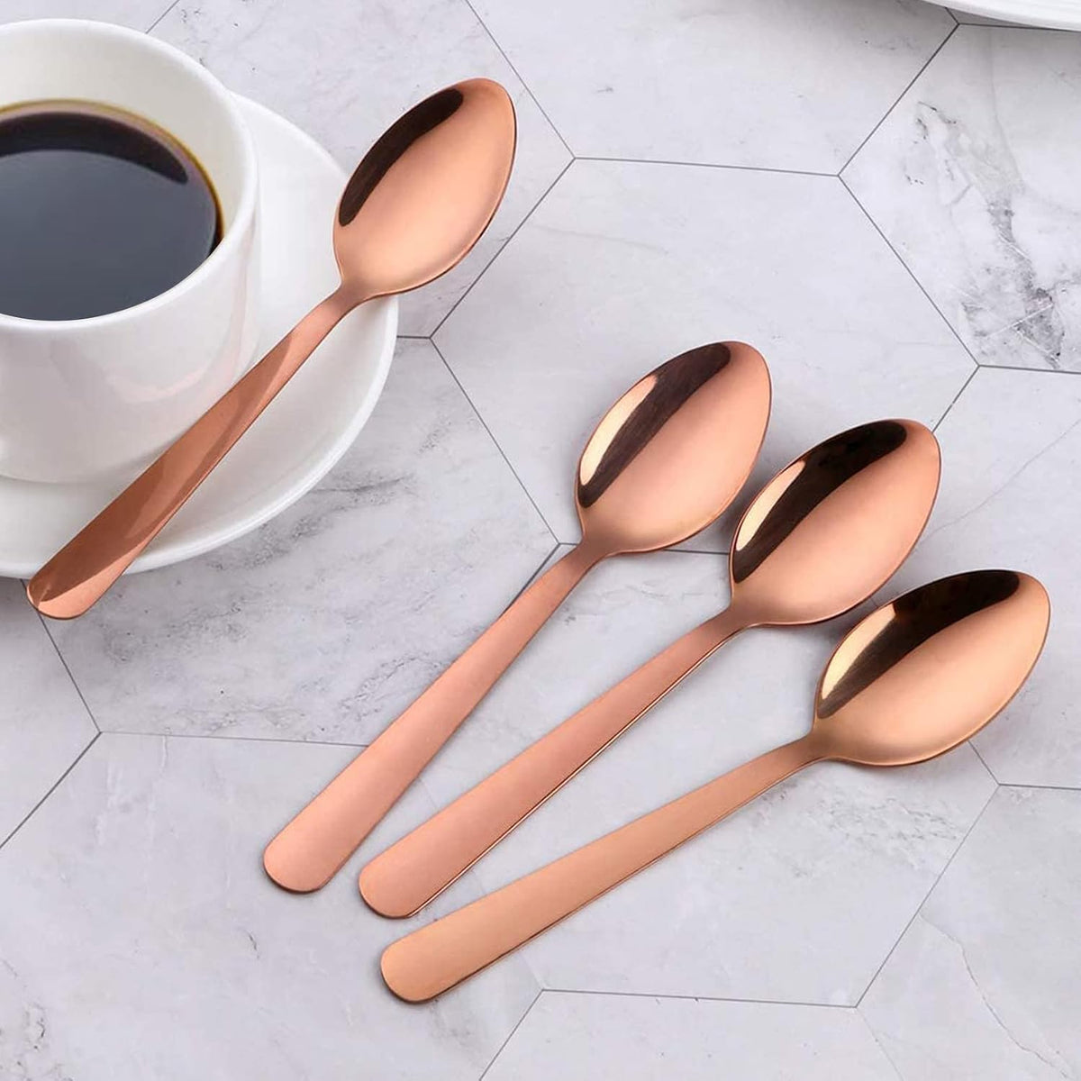 Colorful Teaspoons Silverware Set of 12 - Rose Gold 6-in Small Spoons Set, Food Grade Stainless Steel Tea Spoons Shiny Titanium Plating Dessert Spoon Coffee Spoon Dishwasher Safe