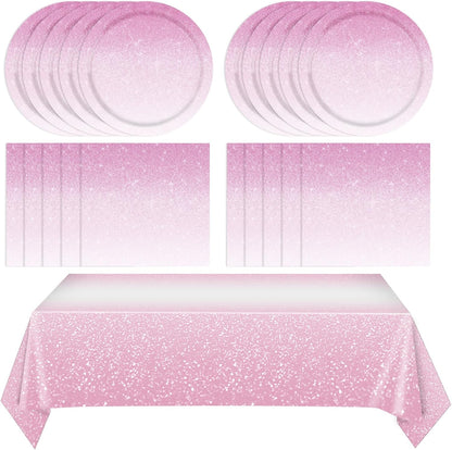 41Pcs Ombre Pink Party Decorations Gradient Pastel Pink Tableware Set Include Paper Plates Napkins Tablecloth丨Baby Shower Girls Woman Wedding Birthday Anniversary Party Decorations,Serves 20
