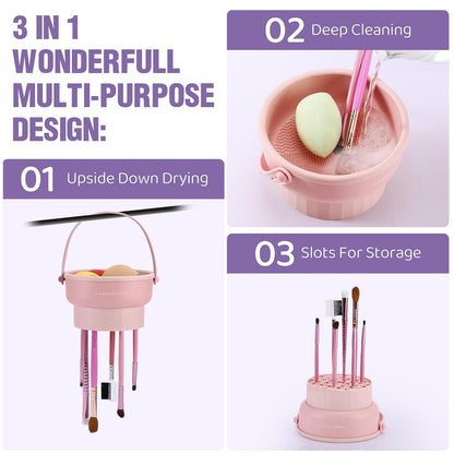 3 in 1 Silicone Makeup Brush Cleaner Bowl Makeup Brush Cleaner Mat（Pink）