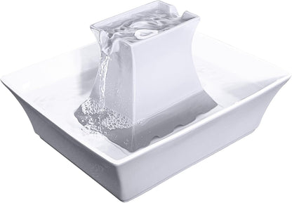 PetSafe Drinkwell Pagoda Pet Fountain, Dog and Cat Water Bowl Dispenser, Multiple Angles to Drink from, Filters Included, Elevated Fountain 70 oz Capacity, Ceramic, White