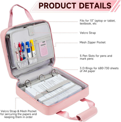 3 Ring Zipper Binder Bag, 3 Inch D-Ring 700 Sheet Capacity, Portable File Organizer with Removable Shoulder Strap & Multiple Pockets for School Office Travel Summer Study Back to School,Pink