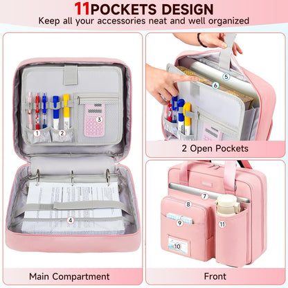 3 Ring Zipper Binder Bag, 3 Inch D-Ring 700 Sheet Capacity, Portable File Organizer with Removable Shoulder Strap & Multiple Pockets for School Office Travel Summer Study Back to School,Pink