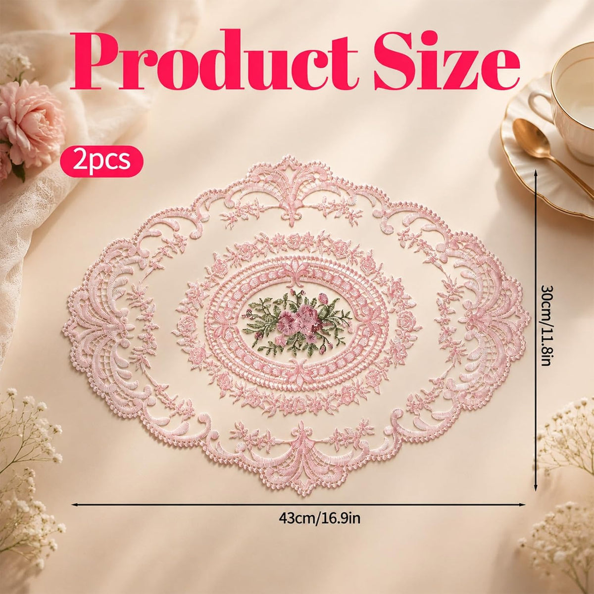2Pcs Lace Placemats, Pink Oval Embroidered Table Place Mats, French Style Retro Placemats, Crochet Doilies Coasters Cup Mat Table Runner with Pink Flowers for Wedding Home Decor