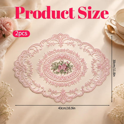 2Pcs Lace Placemats, Pink Oval Embroidered Table Place Mats, French Style Retro Placemats, Crochet Doilies Coasters Cup Mat Table Runner with Pink Flowers for Wedding Home Decor
