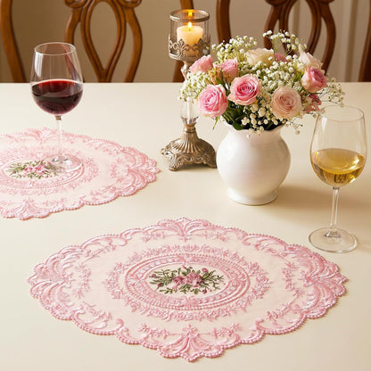 2Pcs Lace Placemats, Pink Oval Embroidered Table Place Mats, French Style Retro Placemats, Crochet Doilies Coasters Cup Mat Table Runner with Pink Flowers for Wedding Home Decor