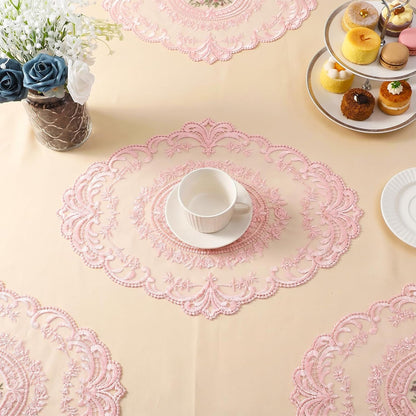 2Pcs Lace Placemats, Pink Oval Embroidered Table Place Mats, French Style Retro Placemats, Crochet Doilies Coasters Cup Mat Table Runner with Pink Flowers for Wedding Home Decor