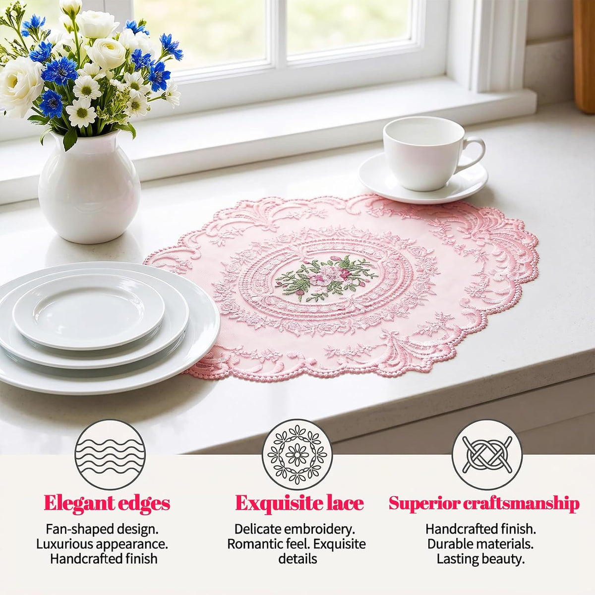 2Pcs Lace Placemats, Pink Oval Embroidered Table Place Mats, French Style Retro Placemats, Crochet Doilies Coasters Cup Mat Table Runner with Pink Flowers for Wedding Home Decor