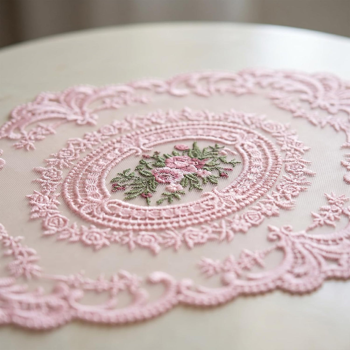 2Pcs Lace Placemats, Pink Oval Embroidered Table Place Mats, French Style Retro Placemats, Crochet Doilies Coasters Cup Mat Table Runner with Pink Flowers for Wedding Home Decor