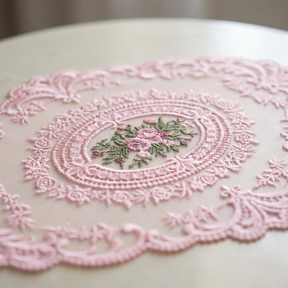 2Pcs Lace Placemats, Pink Oval Embroidered Table Place Mats, French Style Retro Placemats, Crochet Doilies Coasters Cup Mat Table Runner with Pink Flowers for Wedding Home Decor