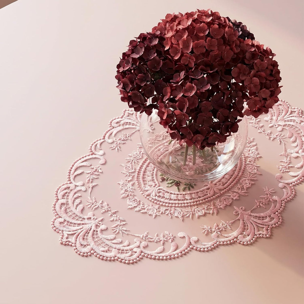 2Pcs Lace Placemats, Pink Oval Embroidered Table Place Mats, French Style Retro Placemats, Crochet Doilies Coasters Cup Mat Table Runner with Pink Flowers for Wedding Home Decor