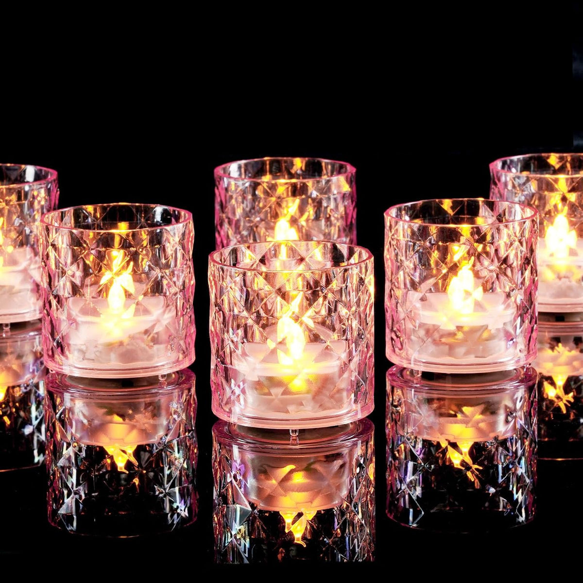 2" Pink Acrylic Flameless LED Votive Candles, 6 H Timer, 12 Pack