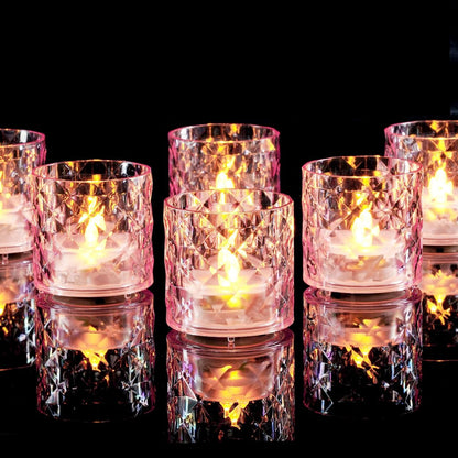 2" Pink Acrylic Flameless LED Votive Candles, 6 H Timer, 12 Pack