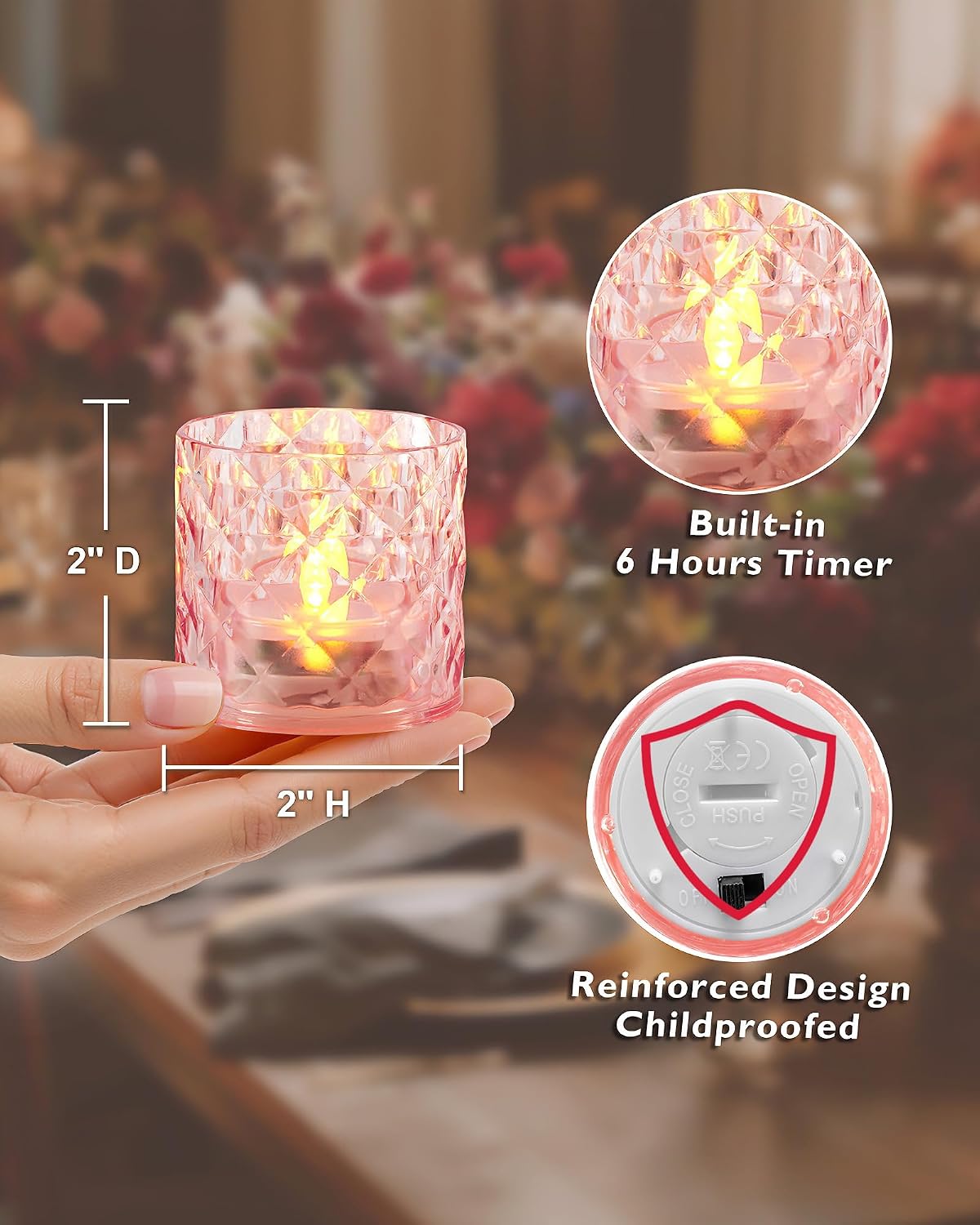2" Pink Acrylic Flameless LED Votive Candles, 6 H Timer, 12 Pack