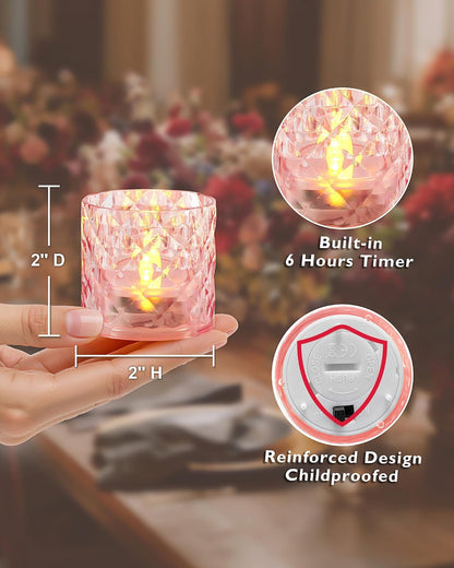 2" Pink Acrylic Flameless LED Votive Candles, 6 H Timer, 12 Pack
