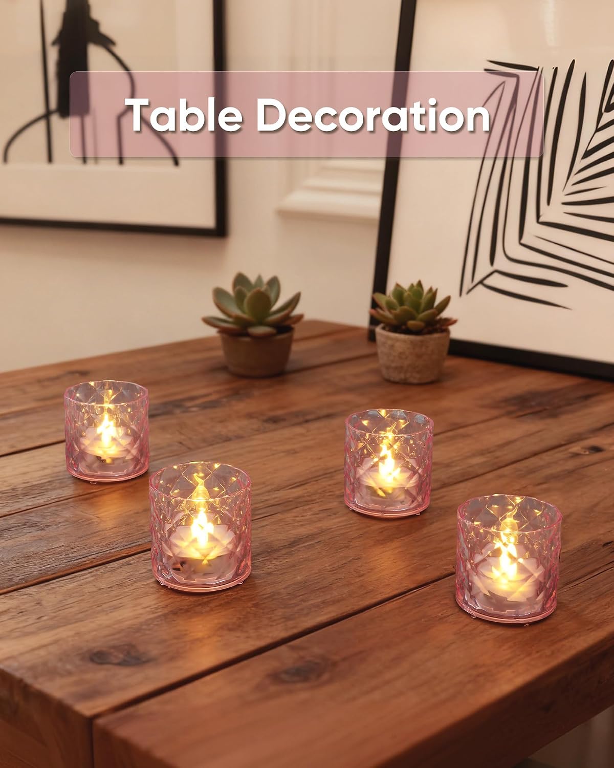 2" Pink Acrylic Flameless LED Votive Candles, 6 H Timer, 12 Pack