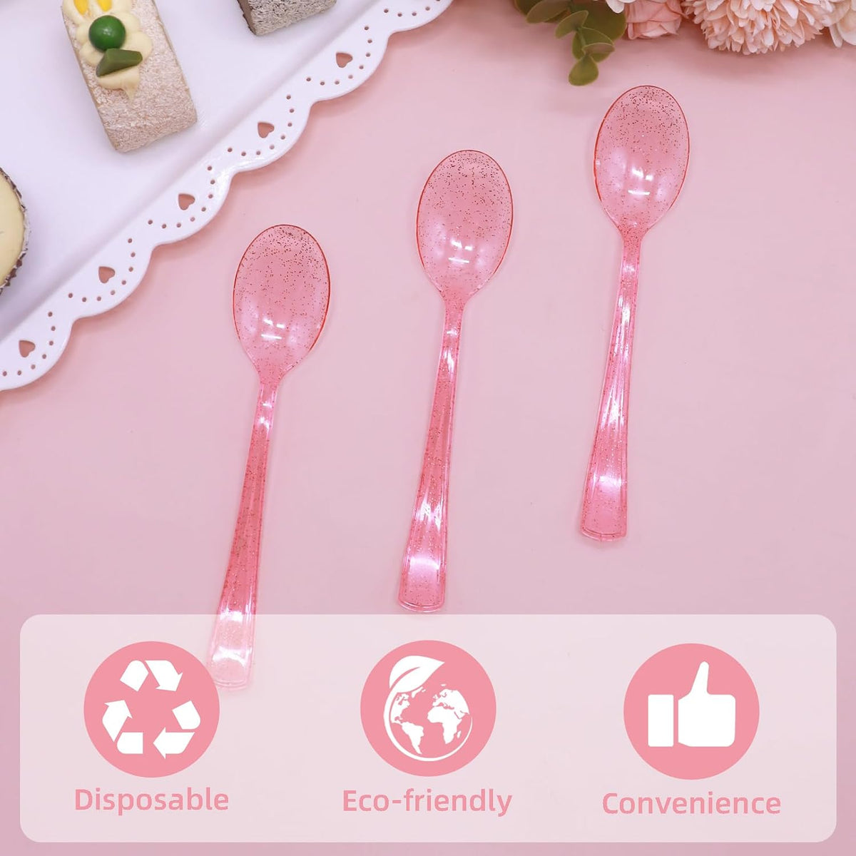 50 Pcs Pink Plastic Spoons Pink Spoons Disposable Utensils Heavy Duty Plastic Cutlery Set Disposable Cutlery Sets for Brithday, Valentine's Day,Wedding, Baby Shower, Bridal Shower