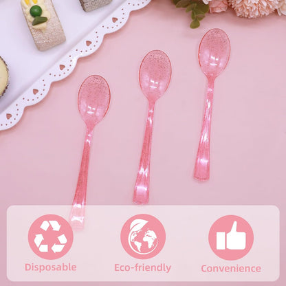 50 Pcs Pink Plastic Spoons Pink Spoons Disposable Utensils Heavy Duty Plastic Cutlery Set Disposable Cutlery Sets for Brithday, Valentine's Day,Wedding, Baby Shower, Bridal Shower
